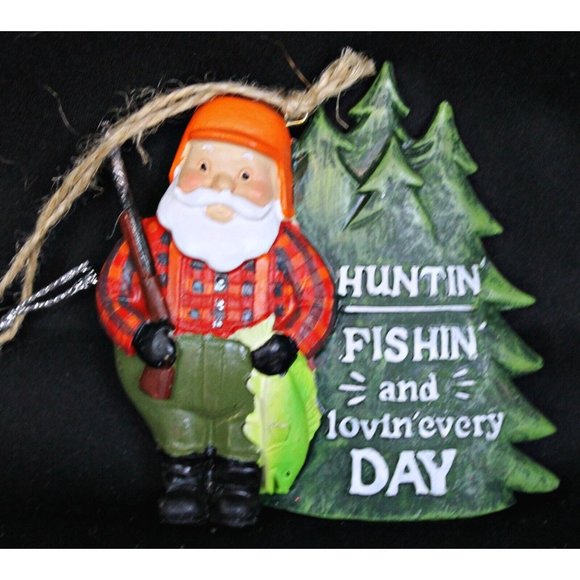 Midwest Holiday Ornament Fishing Santa "Huntin Fishin And Lovin Every Day" Cabin - Picture 2 of 7